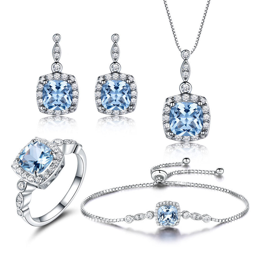 925 Sterling Silber Halskette Himmelblauer Topas Vierteiliges Set
