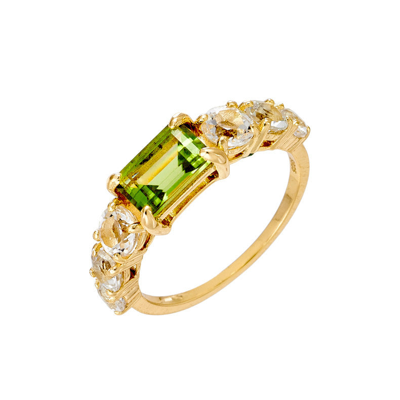 Anillo rectangular de aceituna verde con incrustaciones de oro de 18 quilates y baño de plata S925