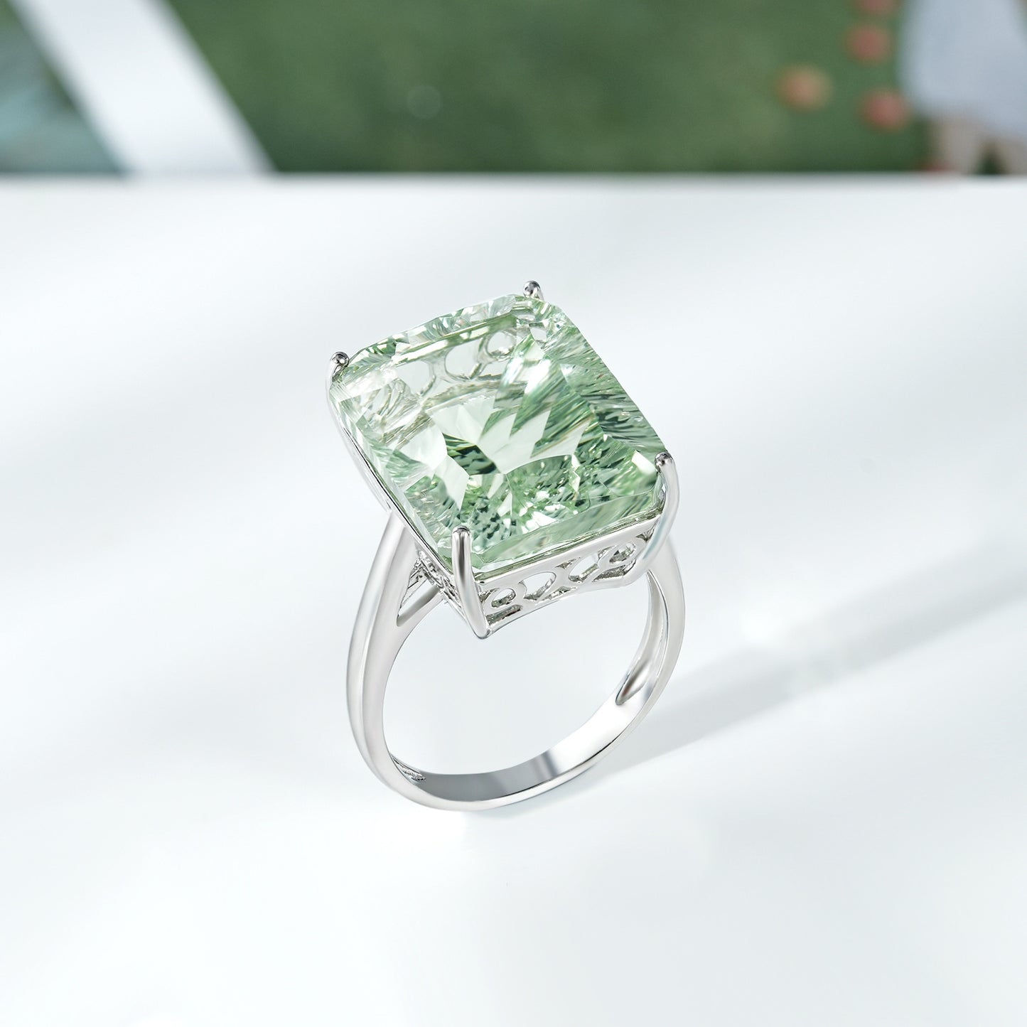 Dan Shaped Natürliche Grüne Amethyst Ring S925 Sterling Silber Farbe