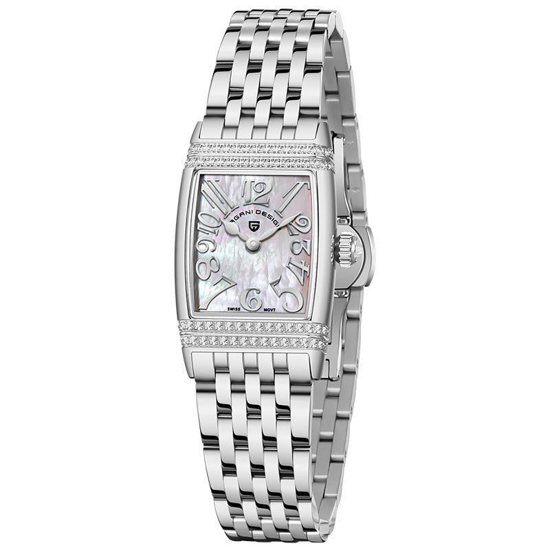 Damenmode Shell Face Square Quarzuhr mit Diamanten