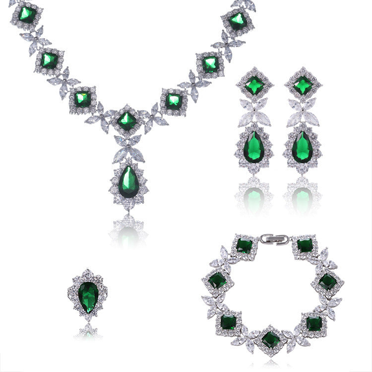 Übertriebener Wassertropfen Zirkon Halskette Ohrringe Armband Ring Vierteiliges Set