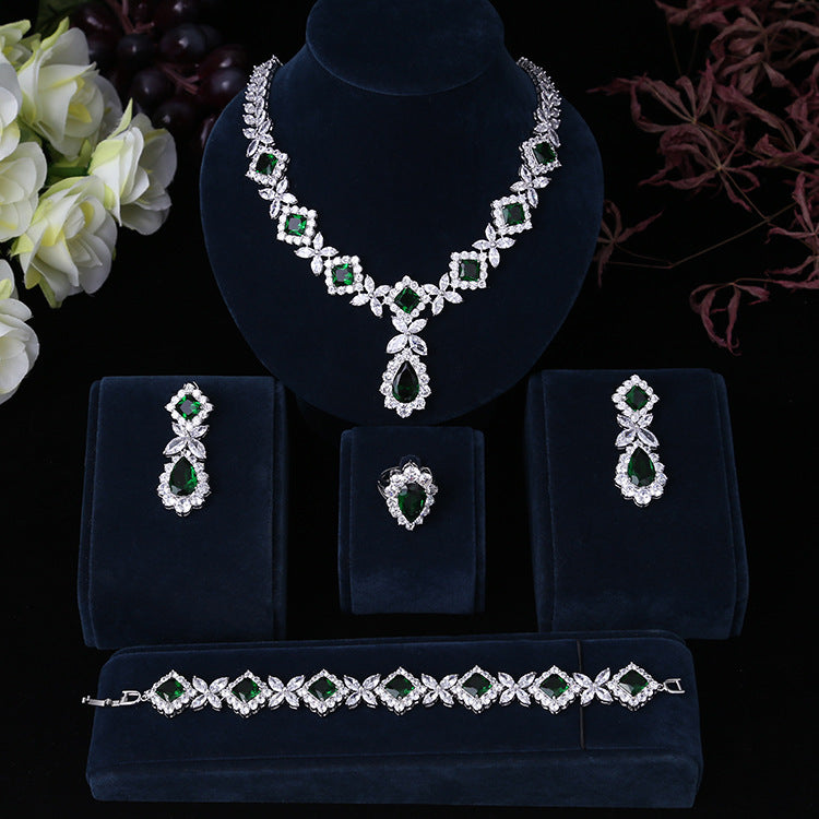 Übertriebener Wassertropfen Zirkon Halskette Ohrringe Armband Ring Vierteiliges Set