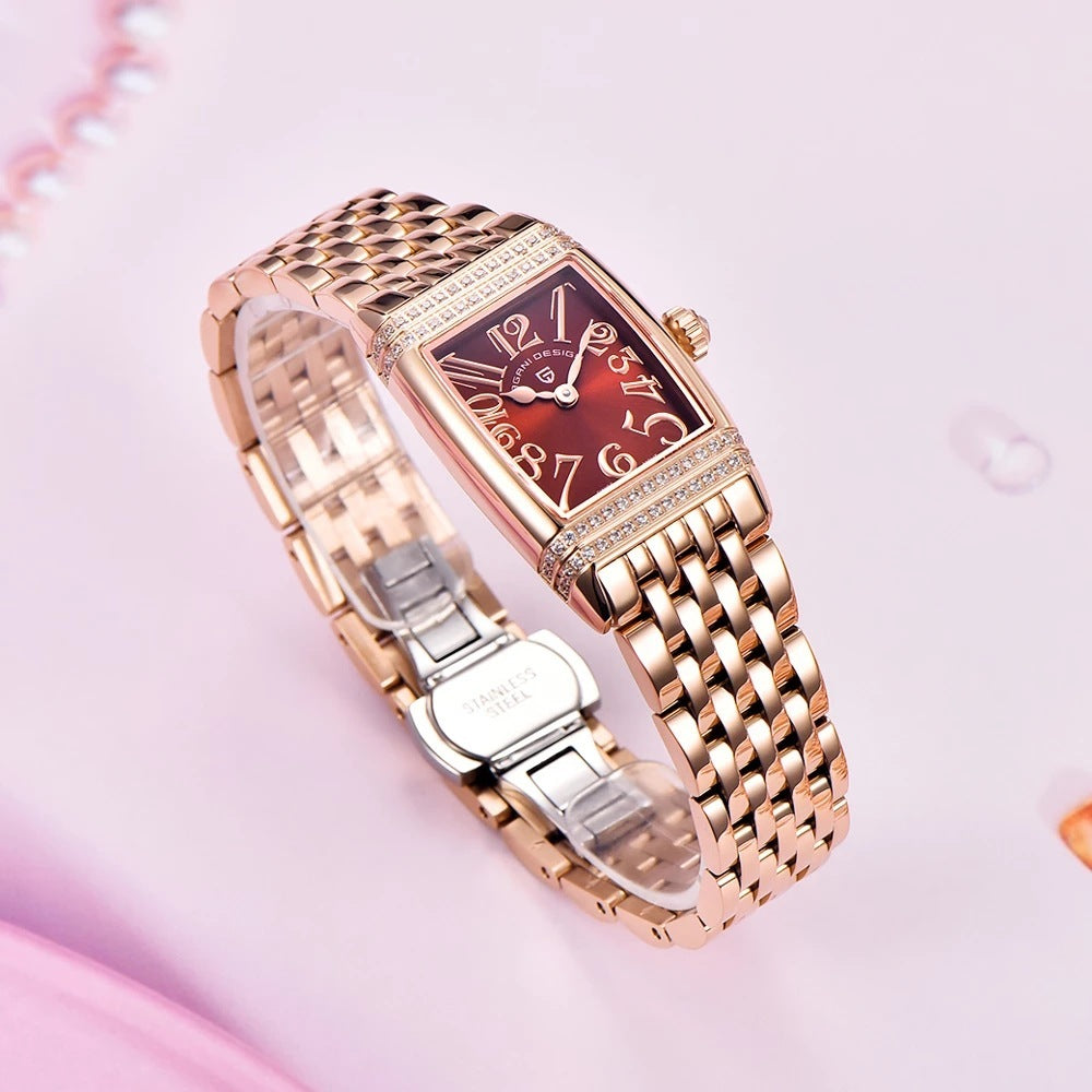 Damenmode Shell Face Square Quarzuhr mit Diamanten
