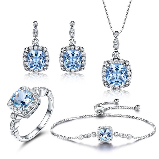 925 Sterling Silber Halskette Himmelblauer Topas Vierteiliges Set