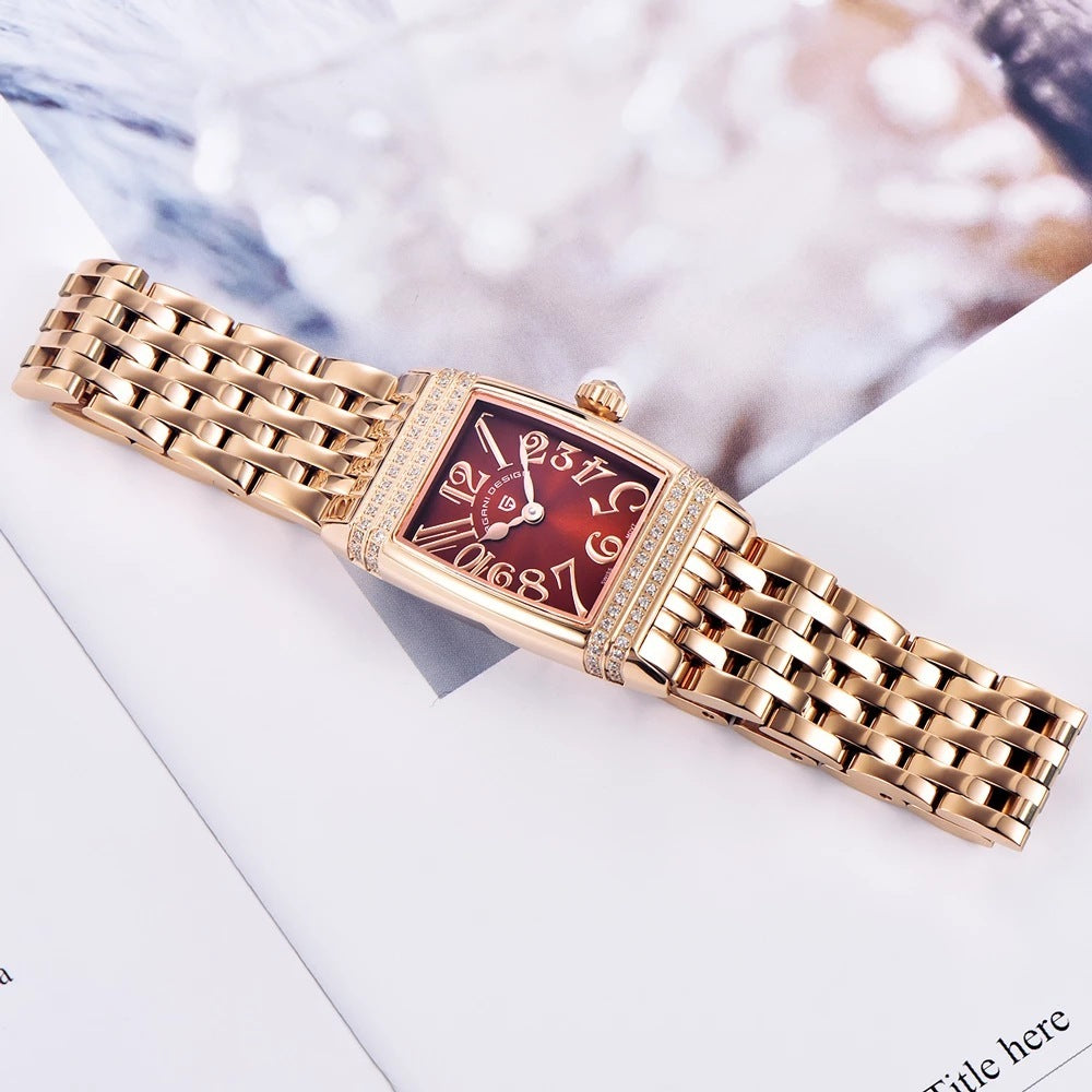 Damenmode Shell Face Square Quarzuhr mit Diamanten