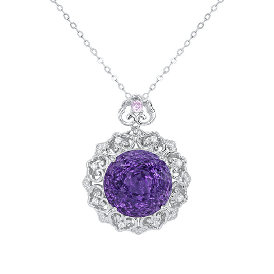 Luxuriöses S925 Silber Set Natürlicher Amethyst Anhänger Weibliches Vintage Muster Senior Schmuck Hochwertige Pullover Kette