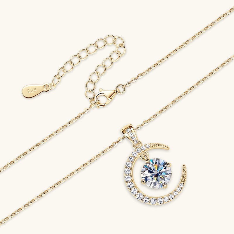 Women's Minimalist Pure Silver Crescent Shaped Moissanite Pendant Necklace