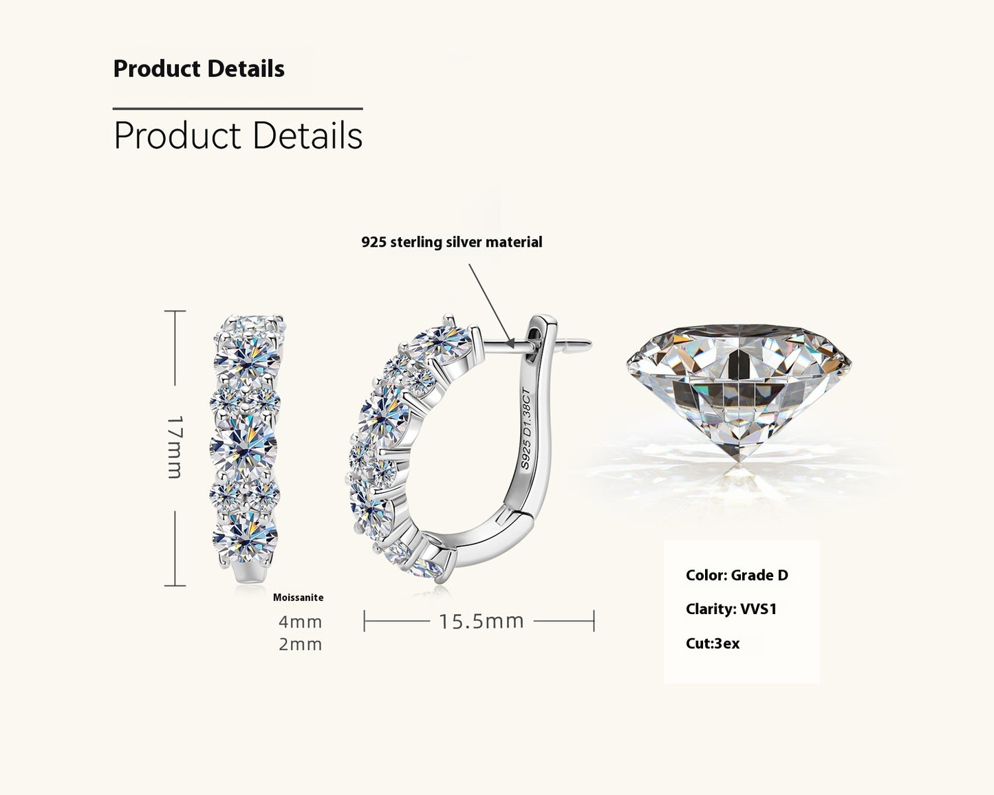 Moissanite Earring Eardrop Girls' High-grade Ear Clip