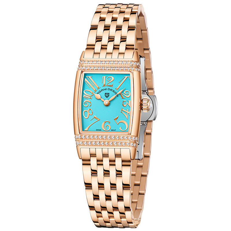 Damenmode Shell Face Square Quarzuhr mit Diamanten
