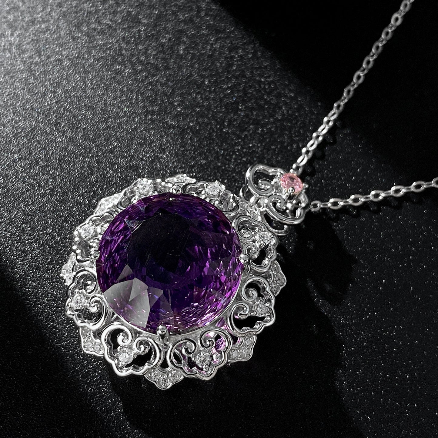 Luxuriöses S925 Silber Set Natürlicher Amethyst Anhänger Weibliches Vintage Muster Senior Schmuck Hochwertige Pullover Kette