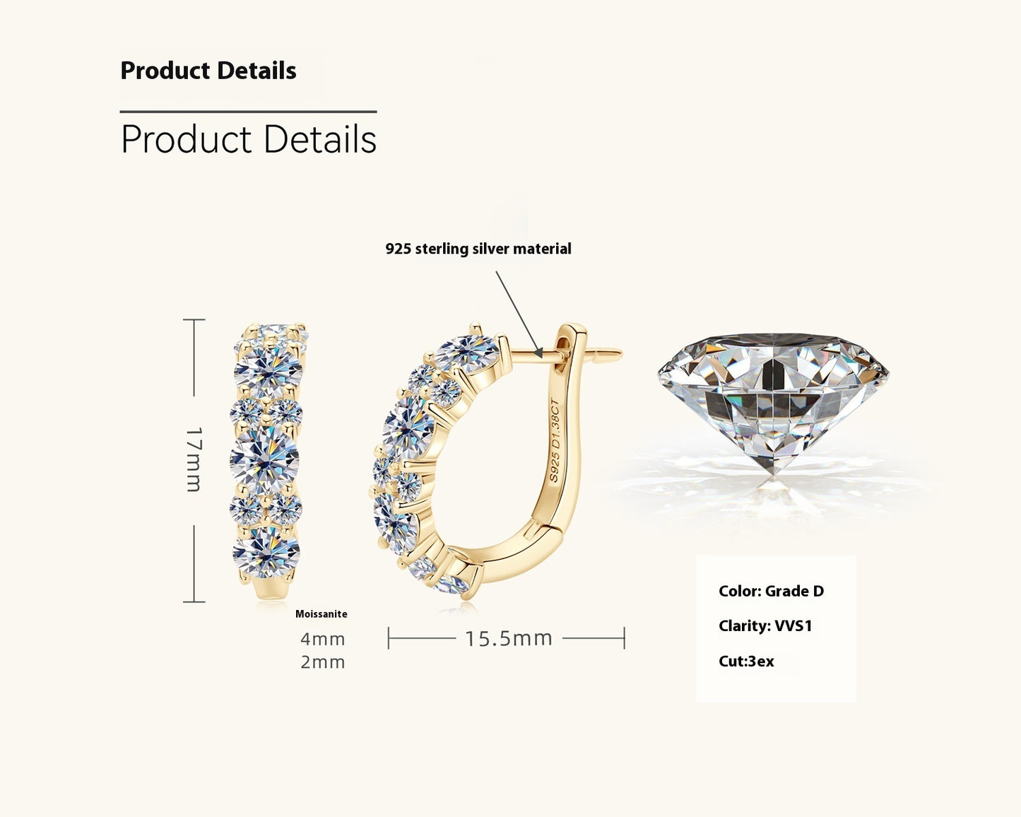 Moissanite Earring Eardrop Girls' High-grade Ear Clip