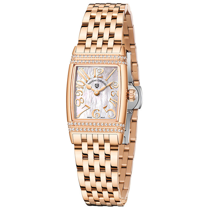 Damenmode Shell Face Square Quarzuhr mit Diamanten