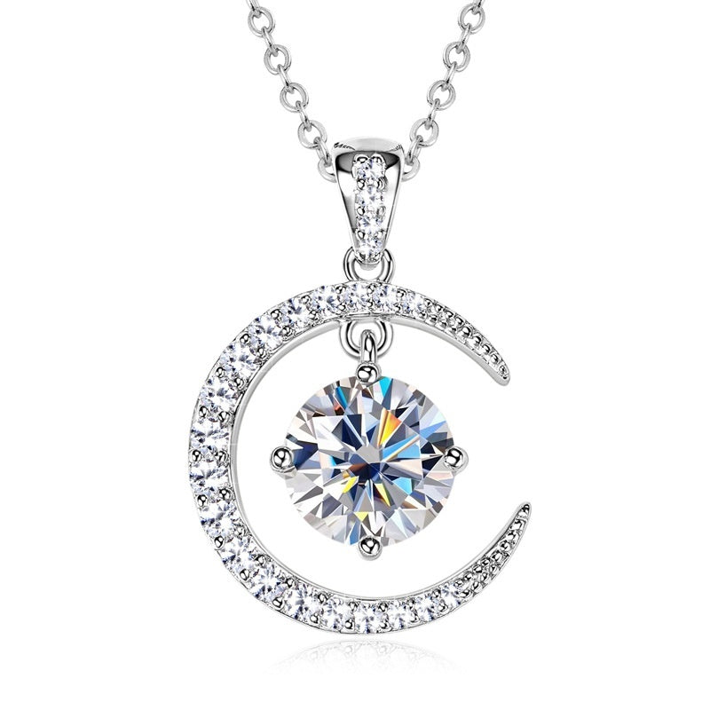 Women's Minimalist Pure Silver Crescent Shaped Moissanite Pendant Necklace