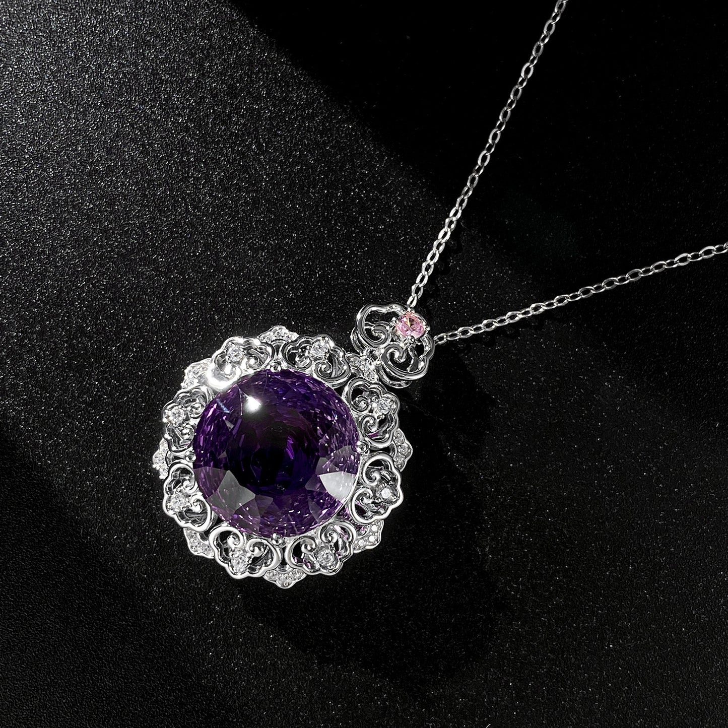 Luxuriöses S925 Silber Set Natürlicher Amethyst Anhänger Weibliches Vintage Muster Senior Schmuck Hochwertige Pullover Kette