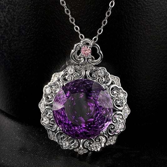 Luxuriöses S925 Silber Set Natürlicher Amethyst Anhänger Weibliches Vintage Muster Senior Schmuck Hochwertige Pullover Kette
